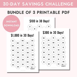 May include: Printable PDF savings challenge with three different options: $100, $300, and $1,000. Each option has a grid of hexagonal shapes with dollar amounts to be saved each day. The grids are labeled with the total amount to be saved and the number of days. The text "YAY! You did it!" appears at the bottom of each grid.