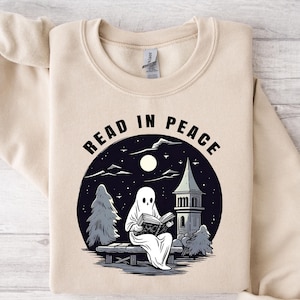 Read In Peace Ghost Sweatshirt, Halloween Book Lover Shirt, Spooky Reading, Skeleton Reader, Cozy Fall Halloween Gift