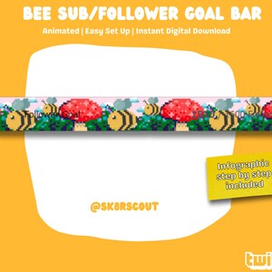 May include: Animated Twitch overlay bar featuring a bee and mushroom theme. The bar displays the text "Follower Goal" and has a pink background with green foliage. The overlay is designed for use on Twitch streams.