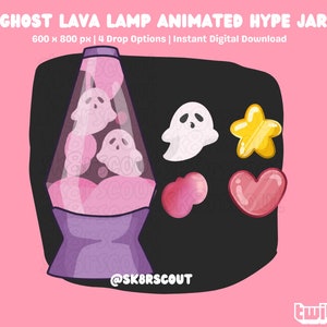 May include: A digital illustration featuring a ghost-themed lava lamp in purple and pink, with three ghost figures inside. Additional graphics include a ghost, star, and heart. Text reads "GHOST LAVA LAMP ANIMATED HYPE JAR".