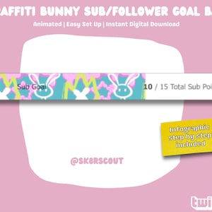 May include: A pink and blue animated goal bar with a graffiti bunny design. The bar is labeled "Sub Goal" and shows 10 out of 15 total sub points. The text "Infographic step by step included" is on a yellow tag. The text "@SKBRSCOUT" is at the bottom of the bar. The text "twitch" is at the bottom right corner of the image.