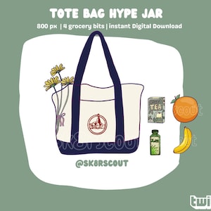 May include: A white tote bag with blue handles and a red logo that says "SK8RS" on it. The bag is filled with groceries, including a bunch of yellow flowers, a box of green tea, a bottle of green juice, an orange, and a banana. The text "TOTE BAG HYPE JAR" is at the top of the image, and the text "@SK8RSCOUT" is at the bottom of the image.