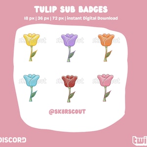 May include: Six different colored tulip flower illustrations for Twitch or Discord sub badges. The colors are yellow, purple, orange, blue, red, and pink. The text "TULIP SUB BADGES" is at the top of the image. The text "18 px | 36 px | 72 px | instant Digital Download" is below the title. The text "@SKBRSCOUT" is in the center of the image. The text "DISCORD" is in the bottom left corner of the image. The text "twitch" is in the bottom right corner of the image.