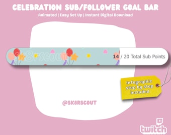 May include: A light blue and white animated progress bar with a balloon and star pattern. The bar is labeled "14/20 Total Sub Points". The text "@SK8RSCOUT" is below the bar. A yellow tag with the text "Infographic step by step included" is in the upper right corner. The text "twitch" is in the lower right corner.