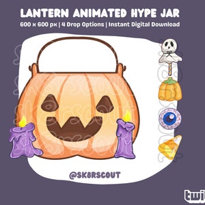 May include: Animated Halloween hype jar with a pumpkin face, purple candles, and a handle. The jar is 600 x 600 pixels and has four drop options. The text "LANTERN ANIMATED HYPE JAR" and "@SKBRSCOUT" are visible on the image. The Twitch logo is also visible.