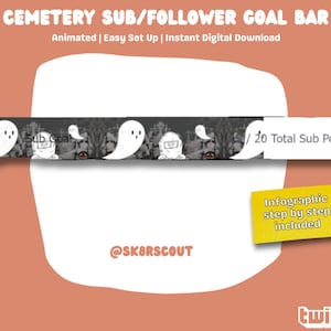 Puede incluir: Una barra de objetivos animada de Twitch en blanco y negro con un tema de cementerio. La barra presenta fantasmas, lápidas y el texto "Sub Goal" y "20 Total Sub Points". La barra está diseñada para usarse en transmisiones de Twitch para rastrear los objetivos de suscriptores.