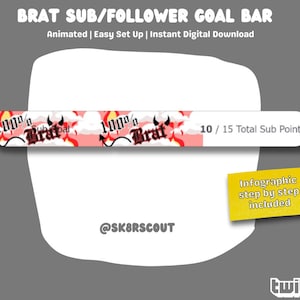 Può includere: Barra di obiettivo Twitch animata con un design rosso, bianco e nero. La barra presenta il testo "1000/0 Brat" e "10/15 Total Sub Points". Il testo "@SK8RSCOUT" è nella parte inferiore della barra. Un'etichetta gialla con il testo "Infografica passo dopo passo inclusa" è nell'angolo in basso a destra. Il testo "twitch" è nell'angolo in basso a destra.