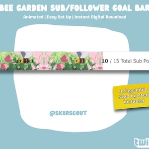 Op de afbeelding: Een digitale afbeelding met de tekst "BEE GARDEN SUB/FOLLOWER GOAL BAR". De balk heeft een bijen- en bloemenontwerp, met de tekst "Sub Goal" en "10 / 15 Total Sub Points". Een geel label zegt "Infographic step by step included".