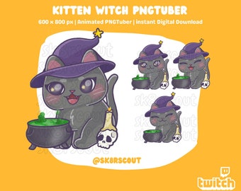 Kitten Witch PNGTuber Kawaii / Halloween PNGTuber - Animated Witches Brew - Spooky PNGTUber - Holiday Twitch  - OR Use for TTS Pet