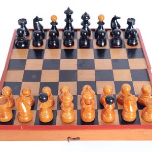 Vintage 1950s-60s Austrian Coffeehouse Chess Set with Maple Wood Pieces & Original Board