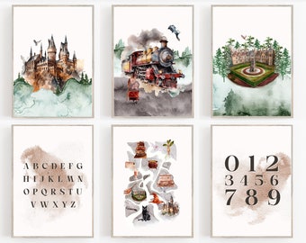 Wizard School Watercolor Art Prints: Castle, Train, Map (Digital Download)