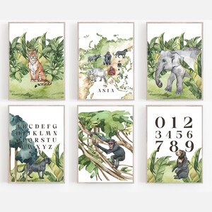 Dschungel Wandkunst 6er Set|Asien Wandkunst|Afrika Tier Landkarte|Tiger|Wasserbüffel|Gorilla|Orangoutang|Elefant|Bildungskunst|Safari
