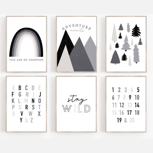 Black White Rust Gray Nursery Art Rainbow Nursery Wall Art Etsy