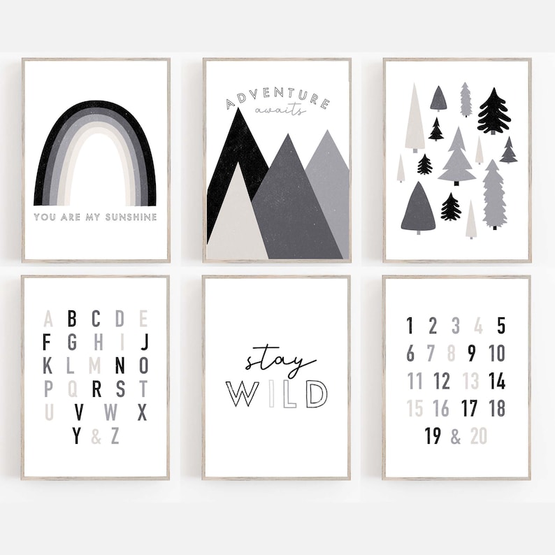 Black White Rust Gray Nursery Art Rainbow Nursery Wall Art Etsy