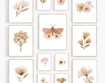 Set of 13 Girl Boho Butterfly Nursery Boho girl Nursery Wildflower Nursery light pink peach pink yellow wall art girl Botanical Wall art