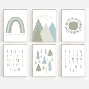 Light Green-Sage-Blue nursery art  Rainbow Nursery Wall Art , mountain art , Set of 8 Art Prints-Neutral Nursery, BOY nursery art, modern