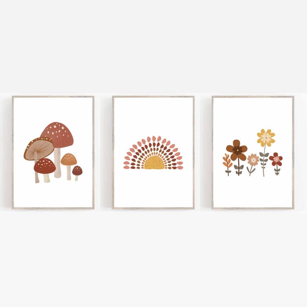 Wildflower Mushroom Sun Rainbow Art Print | Boho Nursery Art| Terracotta | Earthy Prints| Garden printable|Baby Girl Nursery Decor|Digital