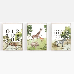 Safari Wandkunst 3er Set|Afrika Wand Kunst Dekor|Afrika Tier Karte|Löwe|Zebra|Wildebeest|Giraffe|Elephant|Pädagogische Wandkunst|Safari Kinderzimmer