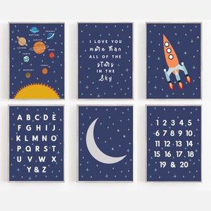 Space Nursery Decor Prints: Solar System, Rocket, ABC 123 (Digital Download)