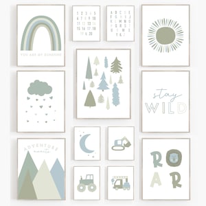 Light Green-Sage-Blue nursery art  Rainbow Nursery Wall Art , mountain art , Set of 13 Art Prints-Neutral Nursery, BOY nursery art, modern