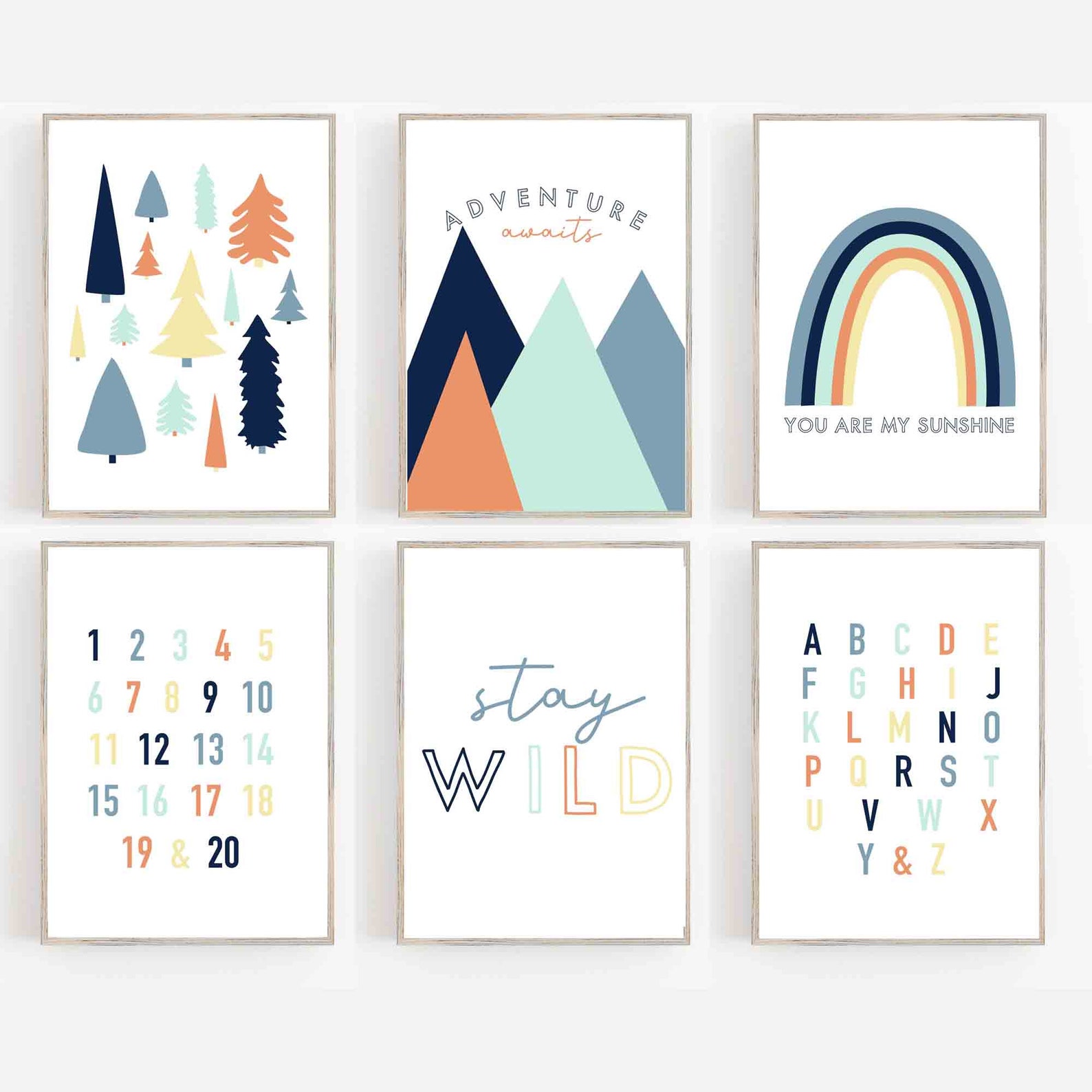 Navy Mint Green Orange Yellow Nursery Art RAINBOW Nursery Wall Art ...