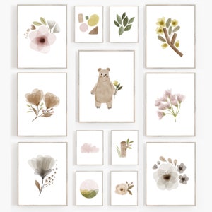 Girl Boho Nursery Boho girl Nursery Wildflower Nursery blush pink wall art sage green wall art girl Botanical Wall art Bear Nursery set 12
