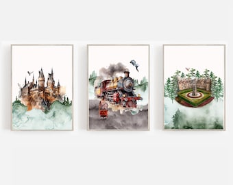 Wizard School Watercolor Art Prints: Castle, Train, Map (Digital Download)