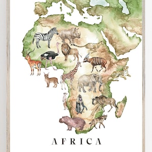 Afrika Karte Tier Safari Wandkunst |Afrika Wand Kunst Dekor|Afrika Tier Karte|Löwe|Zebra|Lernende Wandkunst|Safari Kinderzimmer