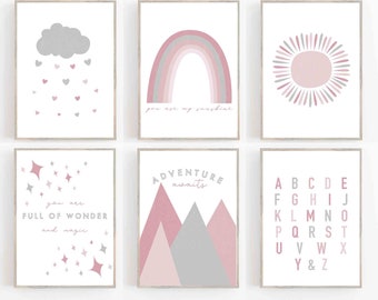 Pink Gray BOHO RAINBOW Nursery Wall Art , mountain Art, Set of 6 Art Prints-Neutral Nursery Print, woodland,  forest art, Boho Print,