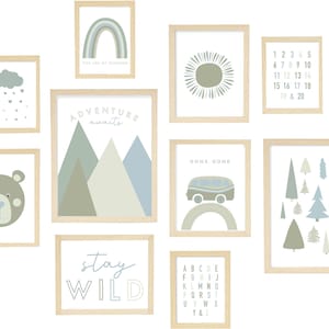 Sage Green Nursery Prints: Mountain, Rainbow, Bear - Set of 10 (Digital Download)