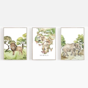 Afrikaanse Safari Muur kunst Set van 3|Afrika Wall Art Decor|Afrika Kaart|Leeuw|Zebra|Wildebeest|Giraffe|Olifant|Educatieve kunst|Safari Kwekerij