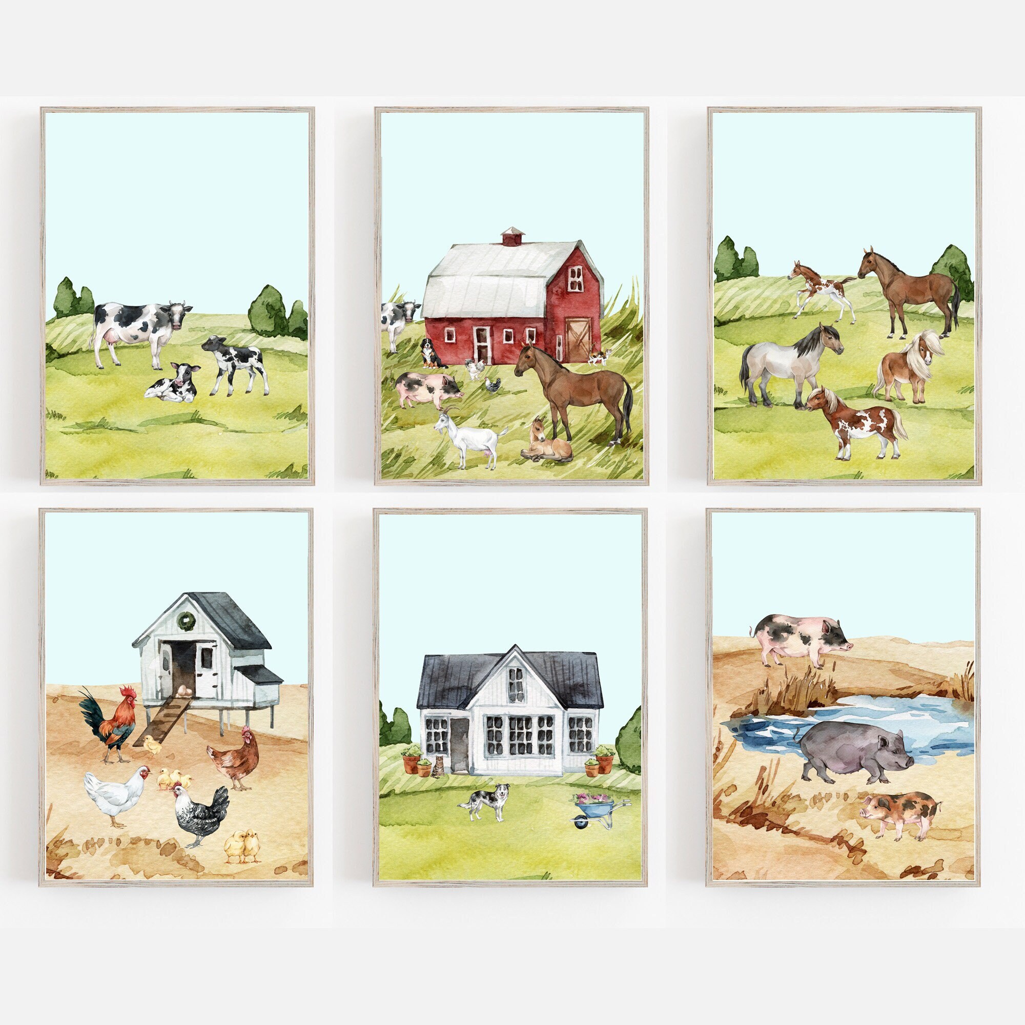 Farm Animal Wall Art for Kids Set of 6barn Cow Chickens Etsy