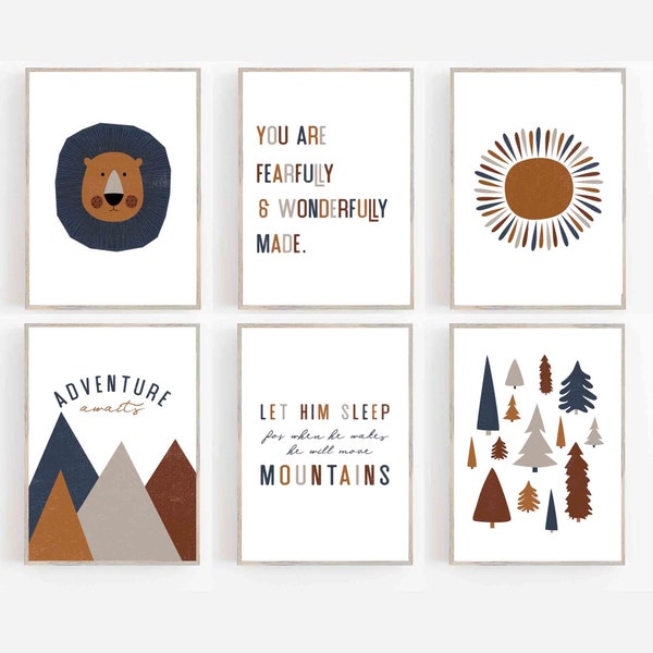 BOYS Lion Nursery Print Set-Navy-Rust-Tan-Sun-Fearfully and wonderfully made scripture-mountians-rustic nursery art-set of 6 prints