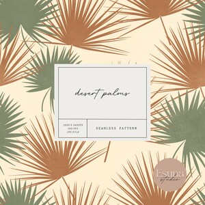 Peut inclure: Motif sans couture avec des feuilles de palmier du désert stylisées dans des tons de brun, vert et beige. Le texte "desert palms" est centré dans un rectangle blanc.