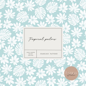 Pode incluir: Um padrão sem costura com folhas de palmeiras tropicais brancas sobre um fundo azul claro. O texto "Tropical palms" está no centro da imagem. O texto "Seamless pattern" está abaixo do texto "Tropical palms". O texto "3600 x 3600px, 300 DPI, JPG file" está abaixo do texto "Seamless pattern". O texto "Esuna Studio" está no canto inferior direito da imagem.