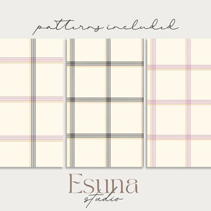 May include: Three digital paper patterns featuring different plaid designs. The patterns are in shades of black, white, pink, and yellow. The text "patterns included" is at the top of the image. The text "Esuna studio" is at the bottom of the image.