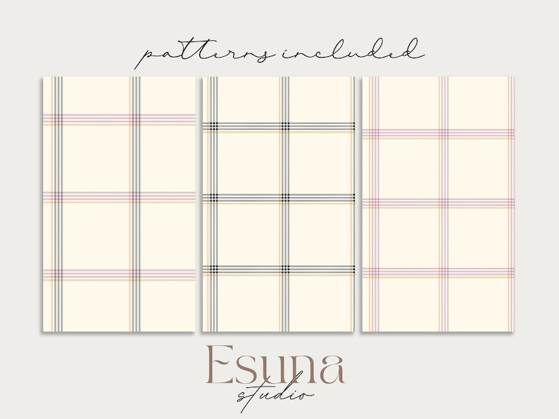 May include: Three digital paper patterns featuring different plaid designs. The patterns are in shades of black, white, pink, and yellow. The text "patterns included" is at the top of the image. The text "Esuna studio" is at the bottom of the image.