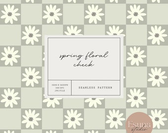 Checkered Floral Seamless Pattern, Retro Daisy Repeat Pattern, Spring Flower Craft Printable Paper, Green Checkered Pattern, Commercial Use