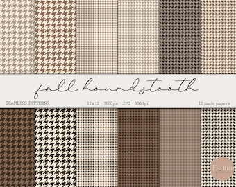 Brown Houndstooth Paper Pack, Plaid Seamless Pattern Set, Fall Printable Repeat Patterns, Preppy Digital Craft Paper, Autumn Scrapbooking