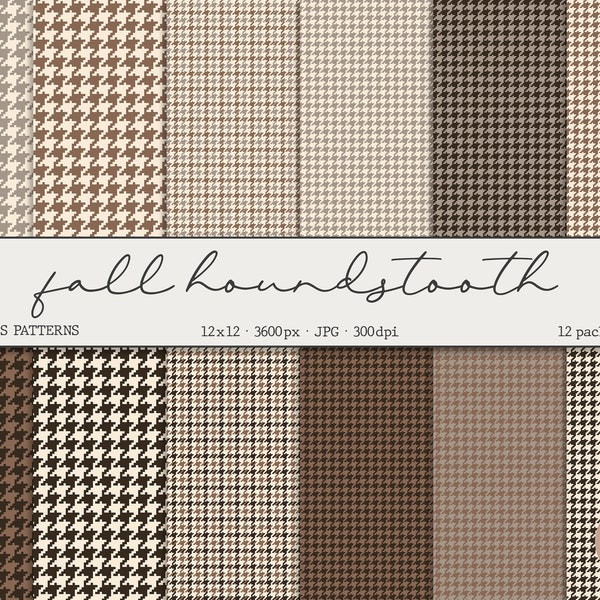 Brown Houndstooth Paper Pack, Plaid Seamless Pattern Set, Fall Printable Repeat Patterns, Preppy Digital Craft Paper, Autumn Scrapbooking