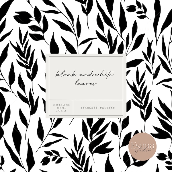 Black and White Leaf Seamless Pattern Leaves Repeat Pattern Black and White Fabric Design Craft Printable Paper Botanical Scrapbooking Paper