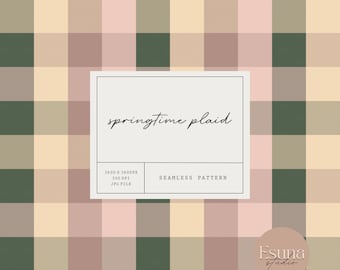 Springtime Plaid Seamless Pattern, Pink Blush Checkered Repeat Pattern, Green Plaid Digital Craft Paper, Scrapbooking paper, Commercial Use