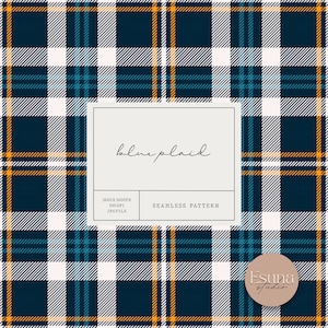 May include: Seamless pattern of a blue, white, and yellow plaid design. The text "blue plaid" is written in cursive in the center of the image. The text "3600 x 3600px, 300 DPI, JPG FILE, SEAMLESS PATTERN" is written below the text "blue plaid". The text "Esuna Studio" is written in the bottom right corner of the image.