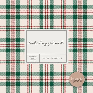 Può includere: Motivo a quadri natalizio senza cuciture in crema, verde e rosso. Il design presenta una classica griglia a quadri con linee che si intersecano. L'immagine include il testo "holiday plaid" e "seamless pattern".