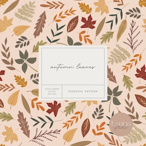 Pode incluir: Um padrão sem costura que apresenta uma variedade de folhas de outono em tons de vermelho, laranja, amarelo, marrom e verde. As folhas são dispostas em um padrão aleatório sobre um fundo rosa claro. O texto "autumn leaves" está escrito em uma fonte manuscrita sobre um retângulo branco no centro do padrão.