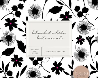 Black & White Botanical Seamless Pattern, Minimalistic Floral Paper, Modern Leaf Fabric Design, Scrapbooking Craft Planner, Commercial Use
