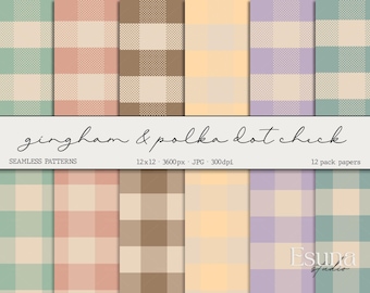 Polka Dot Check Paper Pack, Gingham Seamless Pattern Set of 12, Checkered Preppy Repeat Design, Digital Art Craft Scrapbooking Planner