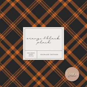 Può includere: Carta digitale con motivo senza cuciture con un design a quadri neri e arancioni. Il testo "orange & black plaid" è al centro dell'immagine. Il testo "SEAMLESS PATTERN" è sotto il testo "orange & black plaid". Il testo "3600 X 3600PX 300 DPI JPG FILE" è sotto il testo "SEAMLESS PATTERN". Il testo "Esuna Studio" è in un cerchio nell'angolo in basso a destra dell'immagine.