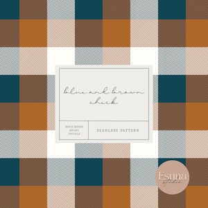 Könnte beinhalten: Ein nahtloses Muster mit einem großformatigen Karomuster in Blau, Braun und Weiß. Das Muster enthält den Text "blue and brown check" und "seamless pattern". Das Bild ist eine JPG-Datei.