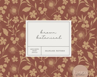 Brown Botanical Seamless Pattern, Minimalistic Floral Paper, Neutral Leaf Fabric Design, Retro Scrapbooking Craft Planner, Commercial Use